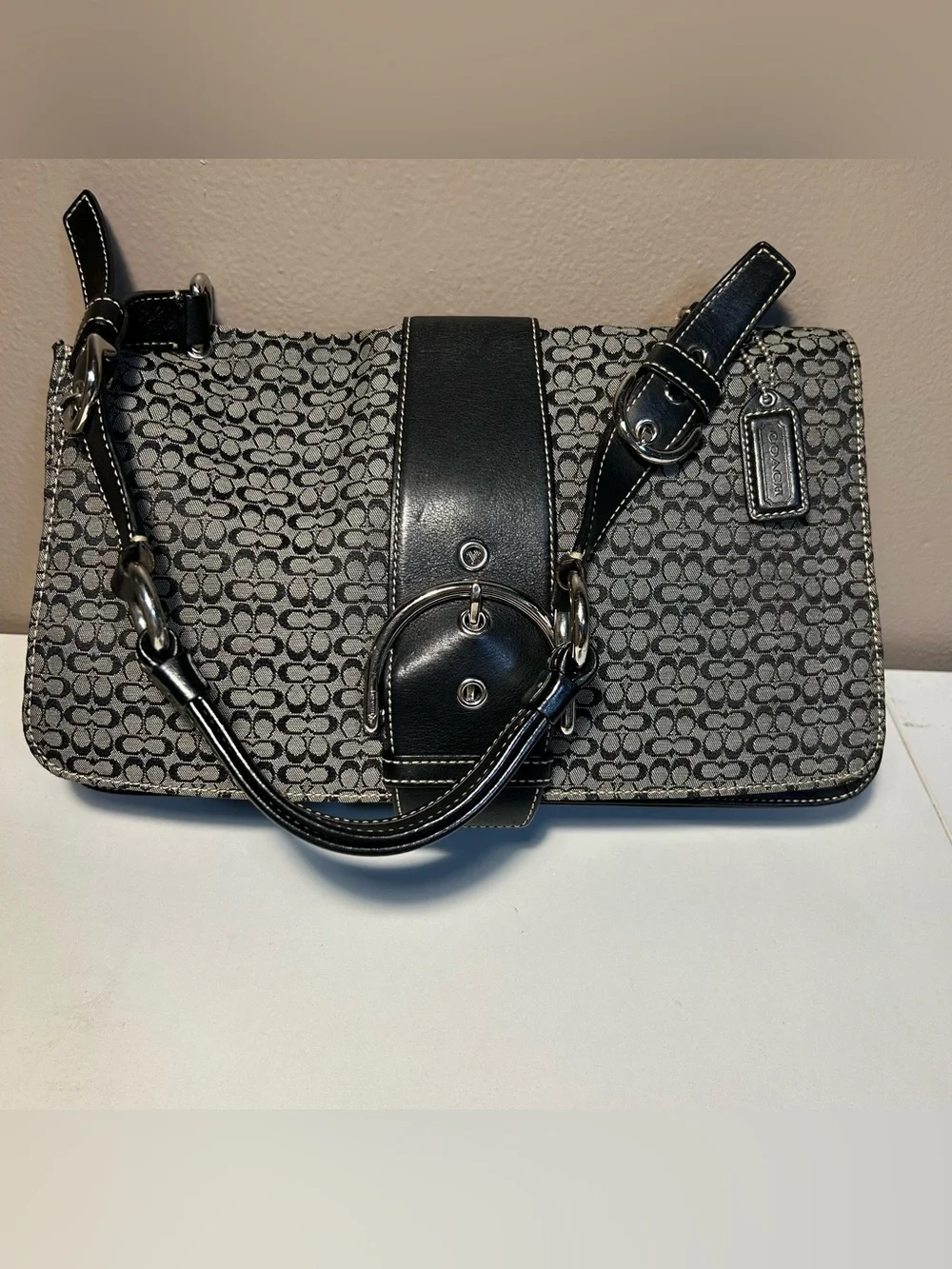 Vintage Coach Y2K Black Gray Signature Canvas Soho Shoulder Bag 7075 Buckle